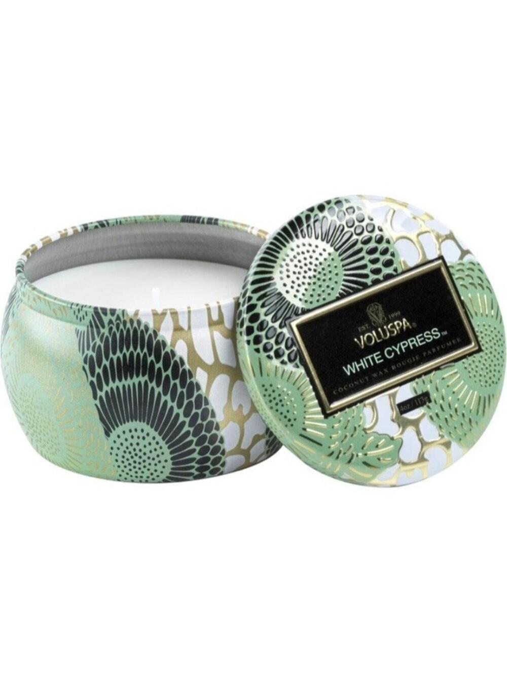 Voluspa White Cypress Mini Tin 4oz 25hr Burn Time Coconut Wax Natural  Wick Dent